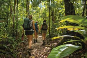 gruppo di persone godendo un' foresta camminare in mezzo lussureggiante verdura foto