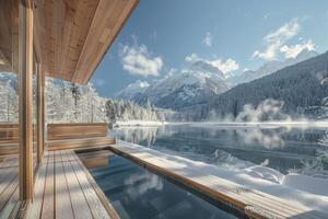 di legno ponte con panoramico Visualizza di nevoso lago, montagne, e cielo foto