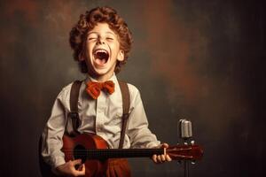 contento bambino giocando cantante, attore a interno ,generativo ai. foto