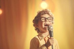 contento bambino giocando cantante, attore a interno ,generativo ai. foto