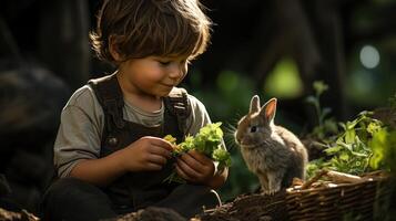 poco ragazzo alimentazione un' piccolo coniglio con fresco la verdura.. generativo ai foto