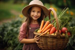 biologico contadino ragazzo Tenere appena raccolto verdure su sua azienda agricola, generativa ai. foto