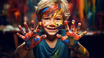 allegro ragazzo indossare colorato viso dipingere a un' gioioso festival.create ai generato. foto