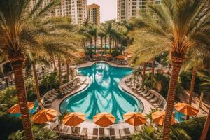 un alto tiro di un' bordo piscina sala la zona con palma alberi, cabine, e persone rilassante nel elegante costumi da bagno, evocando il affascinante miami spiaggia stile di vita. generativo ai foto