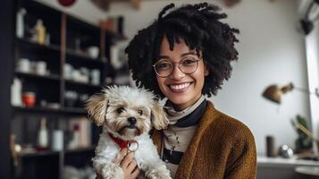 vicino su tiro di afro americano femmina cane proprietario trasporta pedigree cucciolo mantiene labbra piegato sembra scioccato a telecamera ha Riccio capelli ascolta musica attraverso cuffie mentre a piedi con favorito, generativo ai foto