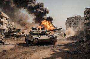 un' istraeli truppe con carri armati nel distrutto gaza città. Israele a guerra contro hamas. generativo ai foto