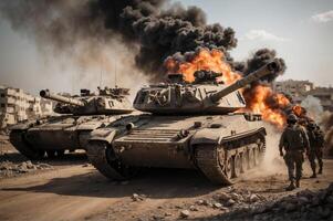 un' istraeli truppe con carri armati nel distrutto gaza città. Israele a guerra contro hamas. generativo ai foto