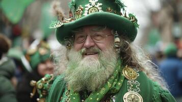 ai generato esaminare il tradizioni Associated con st. Patrick giorno. indossare verde cappello e vestito foto