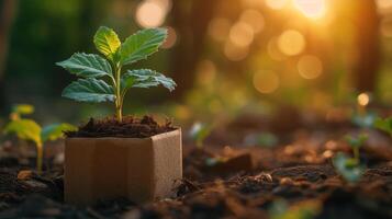 ai generato un' giovane verde pianta nel un pentola ecologica su il terra, un' germinazione seme nel un' bicchiere a tramonto foto