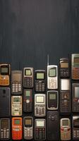 ai generato Tech nostalgia vecchio e obsoleto telefono cellulare disposte su nero fondale verticale mobile sfondo foto
