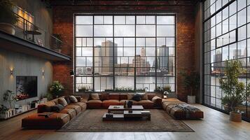 ai generato minimalista urbano soffitta con esposto mattone e grande foto
