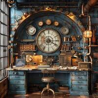 ai generato steampunk studia con Vintage ▾ gadget e ottone dettagli3d rendere foto