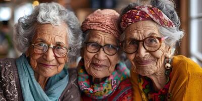ai generato ritratto di anziano sorelle con luminosa emozioni su il suo facce. foto
