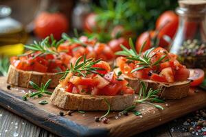 ai generato Bruschetta italiano cibo professionale pubblicità cibo fotografia foto