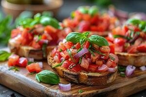 ai generato Bruschetta italiano cibo professionale pubblicità cibo fotografia foto