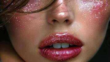 ai generato ornato di glitter womans labbra avvicinamento foto