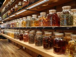 ai generato specialità tè negozio ripidi tradizione nel attività commerciale di aromatico miscele foto