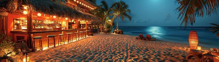 ai generato di ispirazione caraibica spiaggia bar con paglia tetti e sabbia piani foto