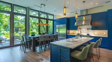 elegante fascia alta cucina con blu pavone isola e lussureggiante verde Visualizza attraverso dal pavimento al soffitto vetri foto