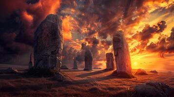 antico megaliti In piedi alto nel drammatico cielo foto