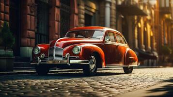 Vintage ▾ auto nel il strade classico auto nel urbano ambientazione e vecchio stile fascino ai generato foto