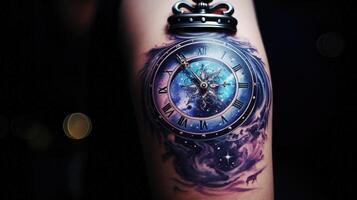 un' mistico tatuaggio di un' orologio e un' pianeta con un' costellazione design su spalla ai generato foto