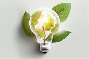energia Salvataggio eco guidato lampade con verde le foglie conservazione di terra risorse. minimo natura concetto. pensare verde. ecologia concetto. l'ambiente amichevole pianeta. generativo ai foto