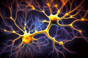 neuroni cellule vicino su 3d rendere. sinapsi e assoni trasmissione elettrico segnali. generativo ai foto