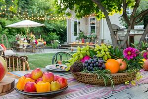 estate serata festivo decorazioni, scintillio luci, e tavoli ornato con fresco frutta e fiori, ambientazione il scena per un' delizioso all'aperto raccolta sotto il estate stella foto