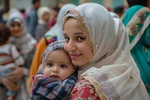 un' donna nel un' hijab sorridente mentre Tenere un' contento bambino piccolo a un' speciale evento foto
