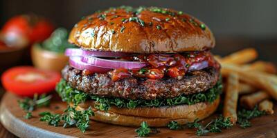 avvicinamento tiro di un' Hamburger su un' di legno taglio tavola foto