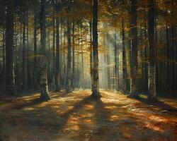ombre getto di un' foresta baldacchino su un' bosco pavimento foto