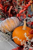 esterno bellissimo accogliente atmosferico Halloween zucche decorato su portico. autunno le foglie e autunno fiori celebrazione vacanza ringraziamento ottobre stagione all'aperto nel città foto