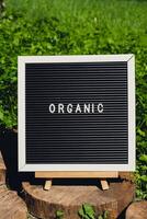 biologico Messaggio su sfondo di fresco eco-friendly bio cresciuto verde erba prezzemolo nel giardino. campagna cibo produzione concetto. localmente produrre raccolta. sostenibilità e responsabilità foto