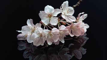 delicato bianca e rosa ciliegia fiori contro un' nero sfondo, con riflessione, nel un' minimalista stile, veicolare un' senso di purezza, bellezza, e la tranquillità. foto