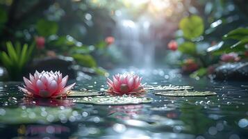 sereno loto fiori su tranquillo acqua, zen giardino sentire per benessere e meditazione bandiera foto