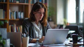 attività commerciale donna Lavorando con sua il computer portatile su sua ufficio foto