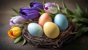 saluto carta per Pasqua vacanze con colorato pastello Pasqua uova nel uccello nido e colorato tulipani in giro su di legno tavolo. primavera stagione. foto