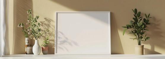 un vuoto bianca immagine telaio e interno pianta su un' tavolo, con un' leggero Marrone parete sfondo foto
