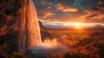 un' cascata è visto nel il tramonto con il sole splendente foto