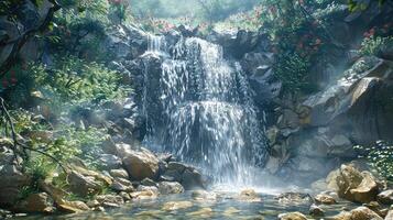 un' cascata è mostrato nel un' lussureggiante foresta foto