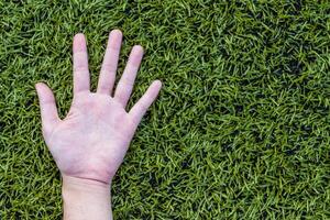 ragazza mano su calcio campo erba foto