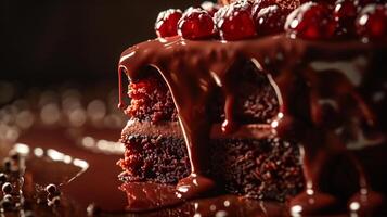 un' acquolina in bocca avvicinamento tiro di un' fetta di appena al forno torta gocciolante con decadente marmellata ganache foto