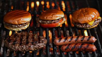 barbecue griglia frizzante con succoso hamburger e hot dog, di base di estate raduni foto