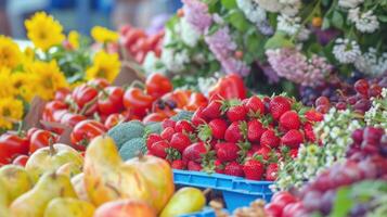 vivace all'aperto mercato pieno con fornitori vendita fresco frutta, la verdura, e fiori foto