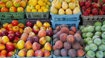 colorato Vettore di fresco frutta a agricoltori mercato, scoppiando con sapori di il estate raccogliere foto