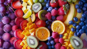 colorato Vettore di fresco frutta a agricoltori mercato, scoppiando con sapori di il estate raccogliere foto