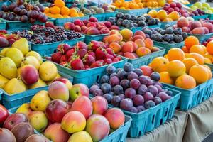 colorato Vettore di fresco frutta a agricoltori mercato, scoppiando con sapori di il estate raccogliere foto