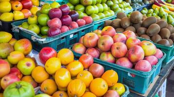 colorato Vettore di fresco frutta a agricoltori mercato, scoppiando con sapori di il estate raccogliere foto