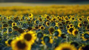 campo di girasoli ondeggiante delicatamente nel il brezza, loro luminosa giallo petali trasformato in direzione il sole foto